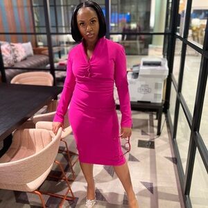 Chic Fuchsia Long Sleeve Midi Dress